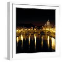 Night View of the Sant'Angelo Bridge and the Dome of the Basilica of Saint Peter in Rome-Roman-Framed Giclee Print
