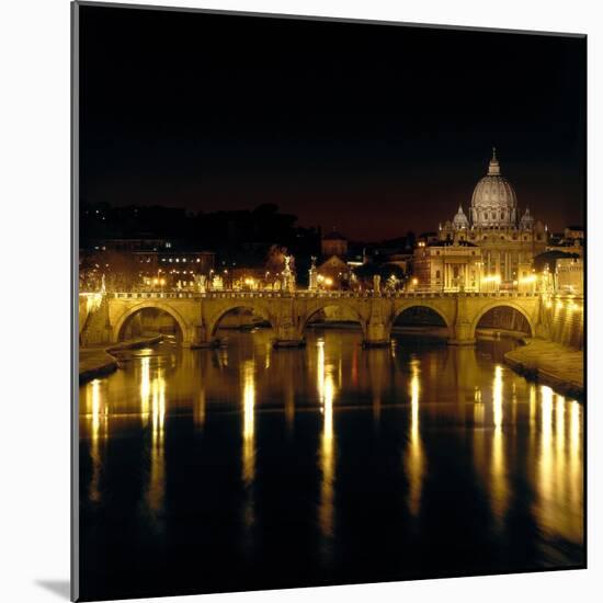 Night View of the Sant'Angelo Bridge and the Dome of the Basilica of Saint Peter in Rome-Roman-Mounted Giclee Print
