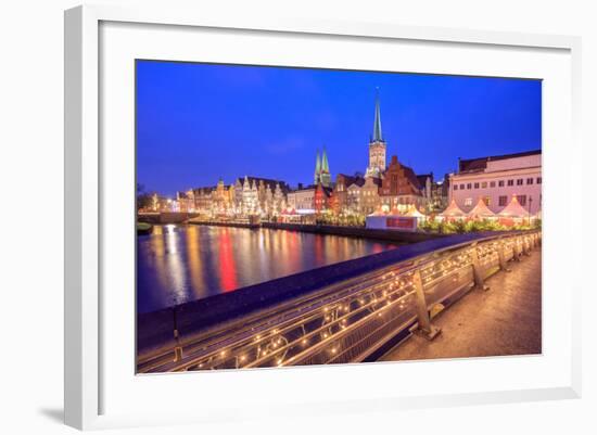 Night View of Typical Houses and the Cathedral Reflected in River Trave, Lubeck, Schleswig Holstein-Roberto Moiola-Framed Photographic Print