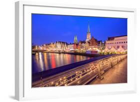 Night View of Typical Houses and the Cathedral Reflected in River Trave, Lubeck, Schleswig Holstein-Roberto Moiola-Framed Photographic Print