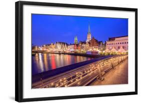 Night View of Typical Houses and the Cathedral Reflected in River Trave, Lubeck, Schleswig Holstein-Roberto Moiola-Framed Photographic Print