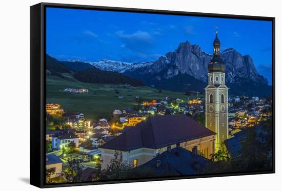 Night View over the Mountain Village of Castelrotto Kastelruth, Alto Adige or South Tyrol, Italy-Stefano Politi Markovina-Framed Stretched Canvas