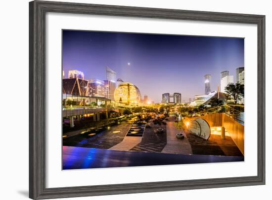 Nightly Display of Light, Color and Futuristic Architecture in Jianggan District of Hangzhou-Andreas Brandl-Framed Photographic Print