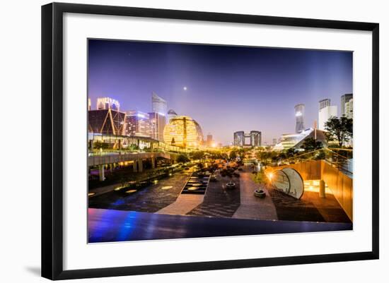 Nightly Display of Light, Color and Futuristic Architecture in Jianggan District of Hangzhou-Andreas Brandl-Framed Photographic Print