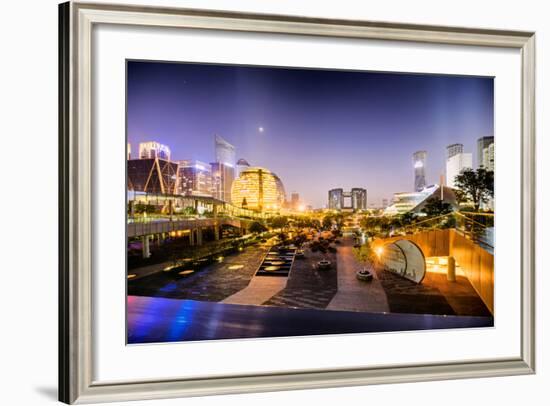 Nightly Display of Light, Color and Futuristic Architecture in Jianggan District of Hangzhou-Andreas Brandl-Framed Photographic Print