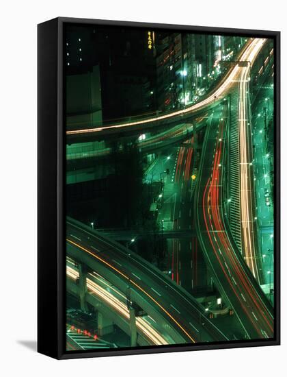 Nighttime Aerial View of Freeways and Traffic Motion, Tokyo, Japan-Nancy & Steve Ross-Framed Stretched Canvas