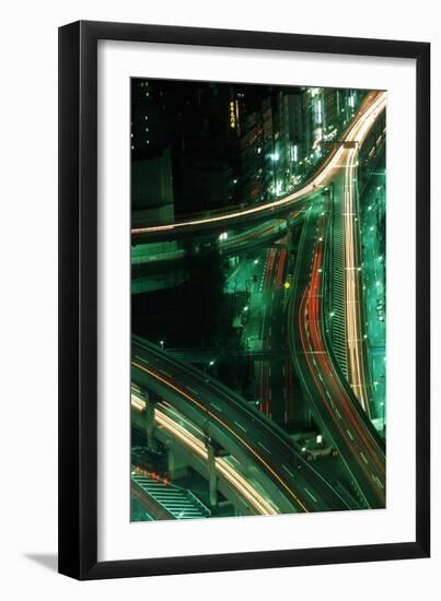 Nighttime Aerial View of Freeways and Traffic Motion, Tokyo, Japan-null-Framed Premium Photographic Print