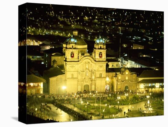 Nighttime Aerial View of the Main Square Featuring the Cathedral of Cusco, Cusco, Peru-Jim Zuckerman-Stretched Canvas
