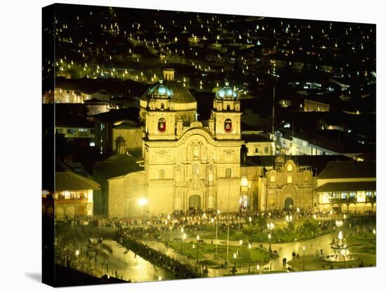 Nighttime Aerial View of the Main Square Featuring the Cathedral of Cusco, Cusco, Peru-Jim Zuckerman-Stretched Canvas