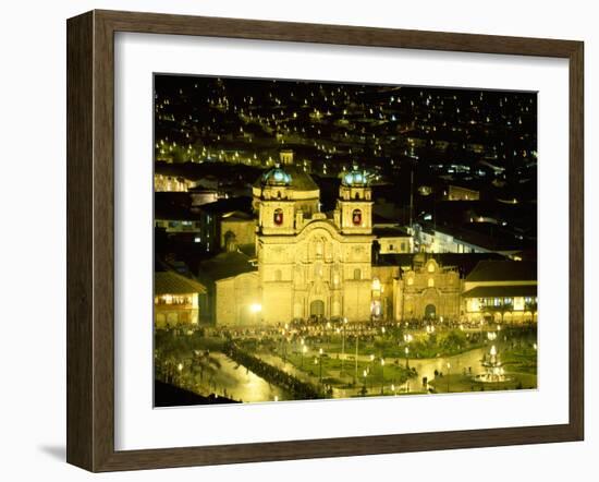 Nighttime Aerial View of the Main Square Featuring the Cathedral of Cusco, Cusco, Peru-Jim Zuckerman-Framed Photographic Print