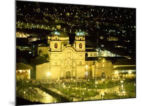 Nighttime Aerial View of the Main Square Featuring the Cathedral of Cusco, Cusco, Peru-Jim Zuckerman-Mounted Photographic Print