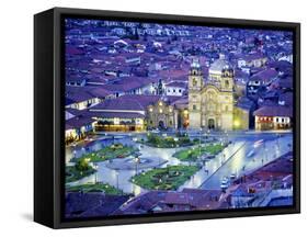 Nighttime Aerial View of the Main Square Featuring the Cathedral of Cusco, Cusco, Peru-Jim Zuckerman-Framed Stretched Canvas