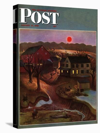 "Nighttime Farm Landscape," Saturday Evening Post Cover, January 12, 1946-John Falter-Stretched Canvas