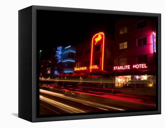 Nighttime Traffic on Ocean Drive, Art Deco Hotels, South Beach, Miami, Florida, USA-Nancy & Steve Ross-Framed Stretched Canvas