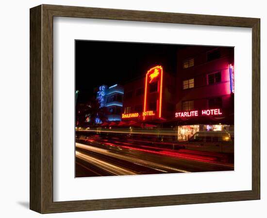 Nighttime Traffic on Ocean Drive, Art Deco Hotels, South Beach, Miami, Florida, USA-Nancy & Steve Ross-Framed Photographic Print