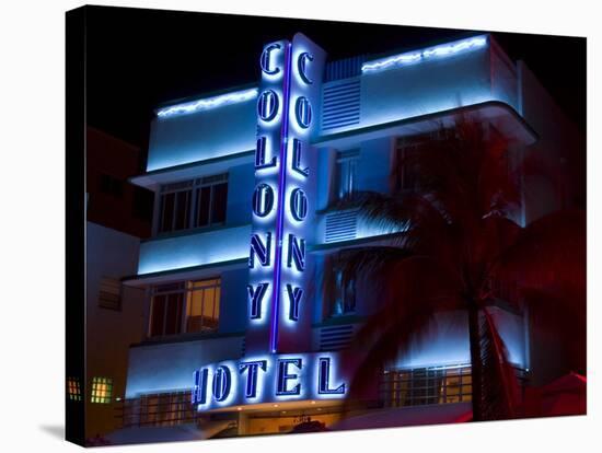 Nighttime View of Art Deco Colony Hotel, South Beach, Miami, Florida, USA-Nancy & Steve Ross-Stretched Canvas