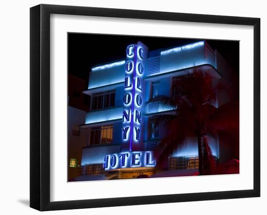 Nighttime View of Art Deco Colony Hotel, South Beach, Miami, Florida, USA-Nancy & Steve Ross-Framed Photographic Print