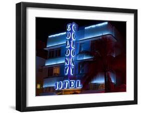 Nighttime View of Art Deco Colony Hotel, South Beach, Miami, Florida, USA-Nancy & Steve Ross-Framed Photographic Print