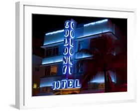 Nighttime View of Art Deco Colony Hotel, South Beach, Miami, Florida, USA-Nancy & Steve Ross-Framed Photographic Print