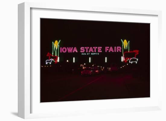 Nighttime View of the Illuminate Neon Sign at the Entrance to the Iowa State Fair, 1955-John Dominis-Framed Photographic Print