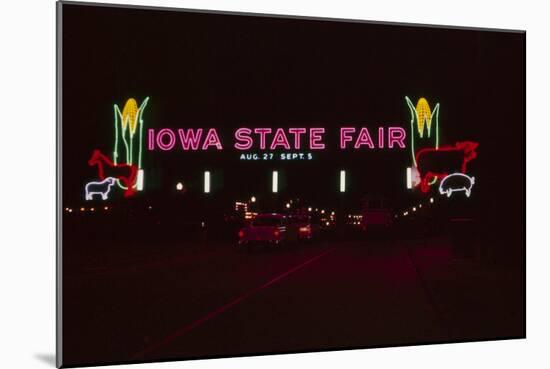 Nighttime View of the Illuminate Neon Sign at the Entrance to the Iowa State Fair, 1955-John Dominis-Mounted Photographic Print