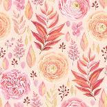 Seamless Pattern of English Rose, Ranunculus, Colorful Branches and Leaves Pink, Red, Yellow and Or-Nikiparonak-Art Print