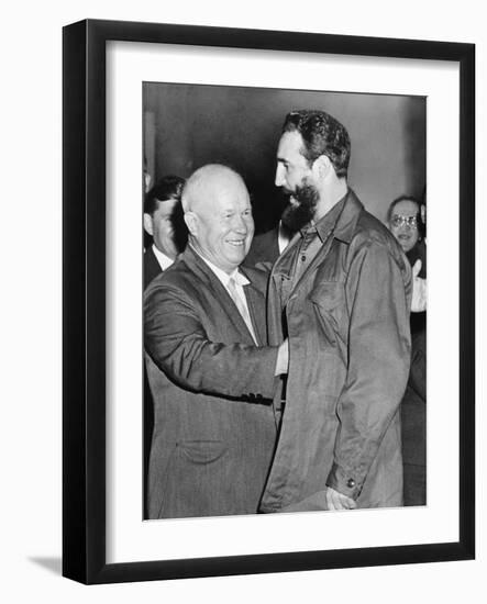 Nikita Khrushchev Greets Fidel Castro at the Russian Legation, NYC, Sept. 23, 1960-null-Framed Photo