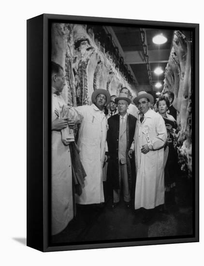 Nikita S. Khrushchev on Tour of Meat Packing Plant-Carl Mydans-Framed Stretched Canvas