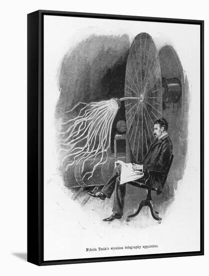 Nikola Tesla Serbian Inventor Seated Beside His Wireless Telegraphy Apparatus-Warwick Goble-Framed Stretched Canvas