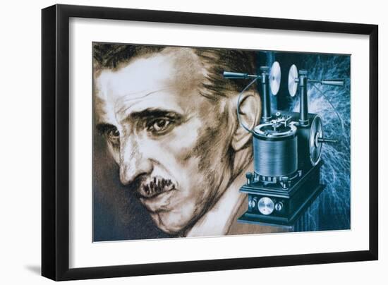 Nikola Tesla with an Early Tesla Coil-null-Framed Giclee Print