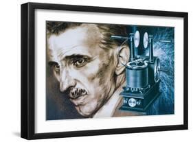 Nikola Tesla with an Early Tesla Coil-null-Framed Giclee Print