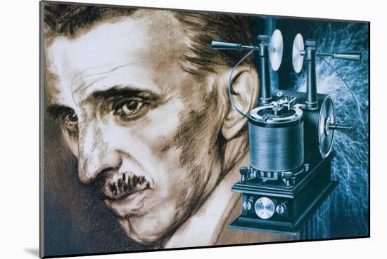 Nikola Tesla with an Early Tesla Coil-null-Mounted Giclee Print