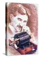 Nikola Tesla with Machine-Michael Nicholson-Stretched Canvas