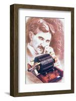 Nikola Tesla with Machine-Michael Nicholson-Framed Photographic Print