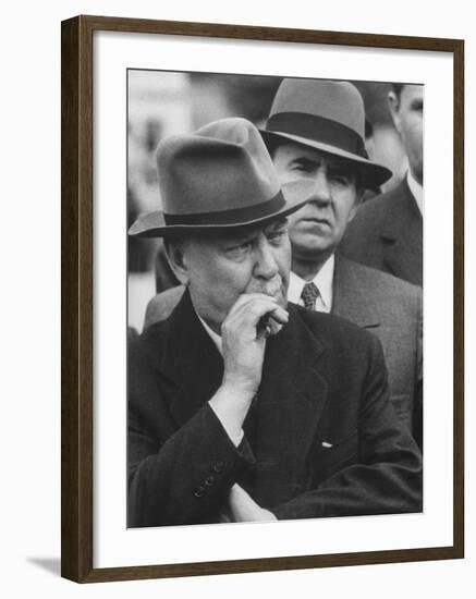 Nikolai Bulganin Listening to Nikita Kruschev Making Speech to Crowd During Visit-null-Framed Photographic Print