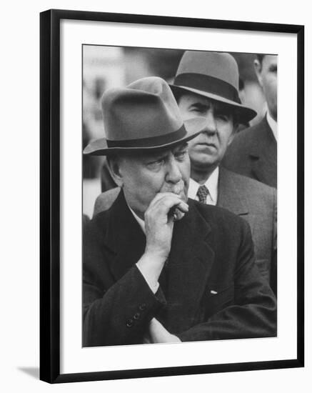 Nikolai Bulganin Listening to Nikita Kruschev Making Speech to Crowd During Visit-null-Framed Photographic Print