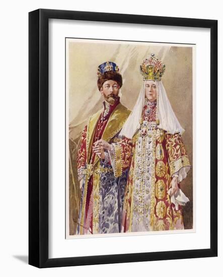 Nikolay Aleksandrovich Czar Nicolas II with Alexandra in Ancient Muscovite Dress-Frederic De Haenen-Framed Art Print
