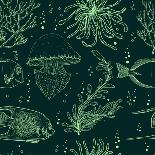Seamless Pattern with Tropical Fish, Jellyfish, Marine Plants and Seaweed. Vintage Hand Drawn Vecto-Nikolayenko Yekaterina-Framed Art Print