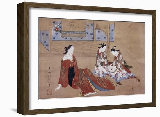 Nikuhitsu Ukiyo-E: Courtesan and Two Attendants, C. 1735-Okumura Masanobu-Framed Giclee Print