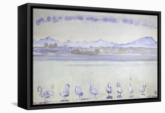 Nine Swans in Front of a Mountainous Landscape; Der Hafen Von Genf, Mit Neu-Ferdinand Hodler-Framed Stretched Canvas