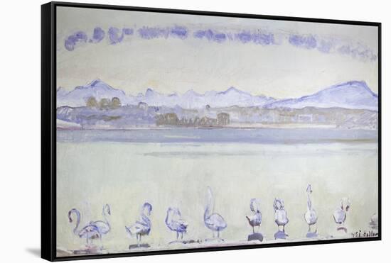 Nine Swans in Front of a Mountainous Landscape; Der Hafen Von Genf, Mit Neu-Ferdinand Hodler-Framed Stretched Canvas