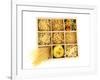 Nine Types Of Pasta In Wooden Box Sections Isolated On White-Yastremska-Framed Art Print