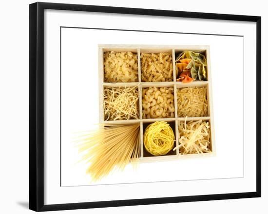 Nine Types Of Pasta In Wooden Box Sections Isolated On White-Yastremska-Framed Art Print