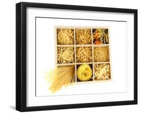 Nine Types Of Pasta In Wooden Box Sections Isolated On White-Yastremska-Framed Art Print