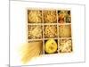 Nine Types Of Pasta In Wooden Box Sections Isolated On White-Yastremska-Mounted Art Print