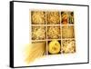Nine Types Of Pasta In Wooden Box Sections Isolated On White-Yastremska-Framed Stretched Canvas