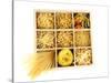 Nine Types Of Pasta In Wooden Box Sections Isolated On White-Yastremska-Stretched Canvas