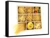 Nine Types Of Pasta In Wooden Box Sections Isolated On White-Yastremska-Framed Stretched Canvas