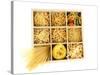 Nine Types Of Pasta In Wooden Box Sections Isolated On White-Yastremska-Stretched Canvas