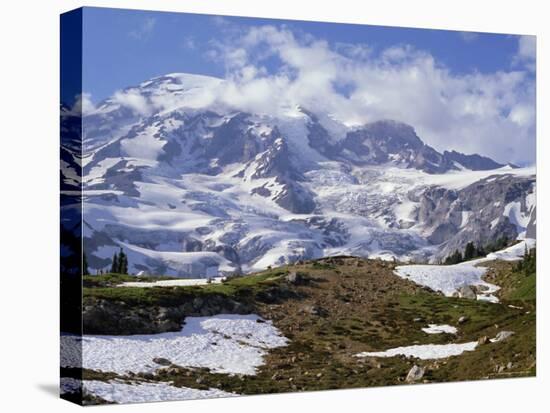 Nisqually Glacier in Foreground, with Mount Rainier, the Volcano Which Last Erupted in 1882, Beyond-Tony Waltham-Stretched Canvas